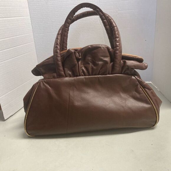 Y2K Genuine Leather Rhinestone Handbag Satchel brown & tan Baguette Chunky - Picture 9 of 11